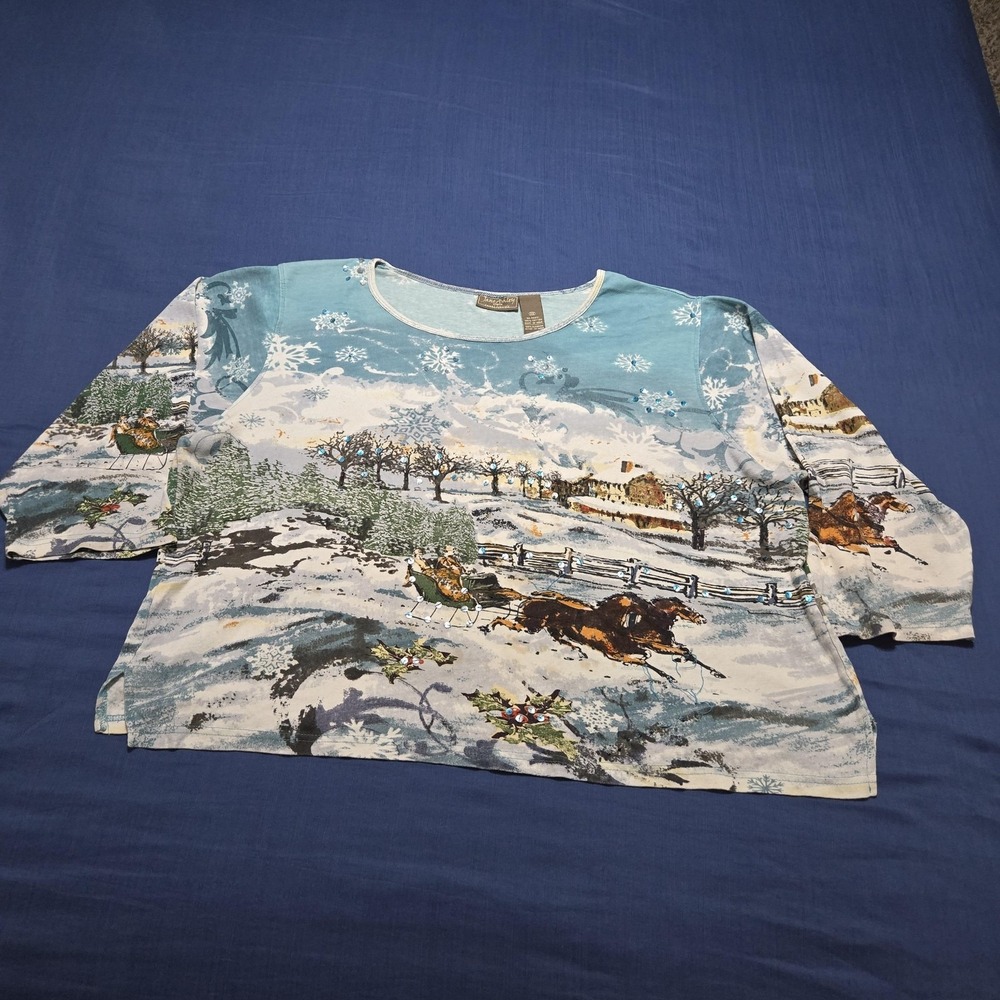 Jane Ashley Shirt Womens 2X Blue Winter Horse Sleigh Scene Sequin Christmas Top‎